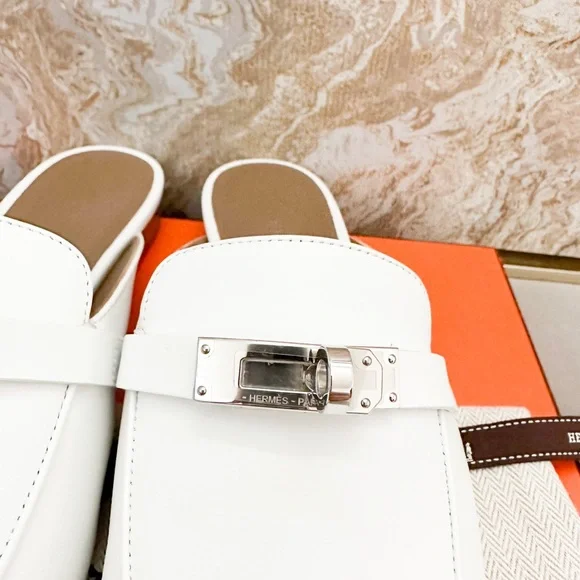 In Stores! New! Hermes Oz White Calfskin Leather Mule